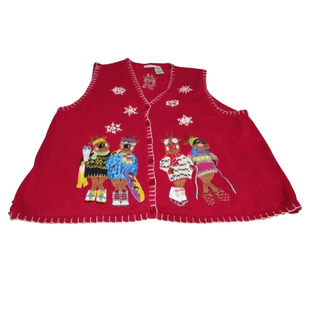 Vintage Red Ugly Christmas Sweater Vest Reindeer 2X White Stag Hole In Side